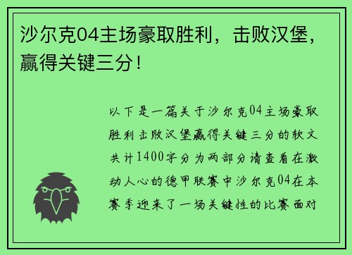 沙尔克04主场豪取胜利，击败汉堡，赢得关键三分！